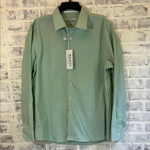 Monza Rosso Milano Tailored Fit Men Button Front L/S Check Green Plaid Shirt L - Picture 1 of 9